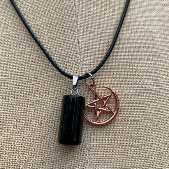 Handmade Obsidian Stone Amulet with Pentagram Star and Moon Charm - Picture 7 of 9